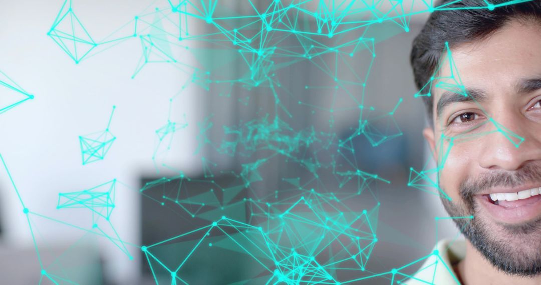 Smiling Professional with Digital Network Overlay