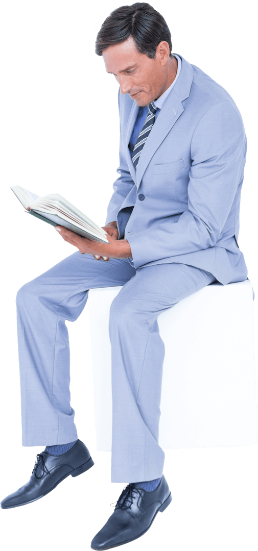 Transparent Businessman in Suit Reading Book on White Background