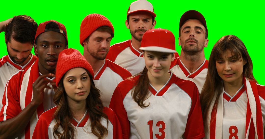 Diverse Baseball Team Wearing Red and White Uniforms with Green Screen Background - Free Images, Stock Photos and Pictures on Pikwizard.com