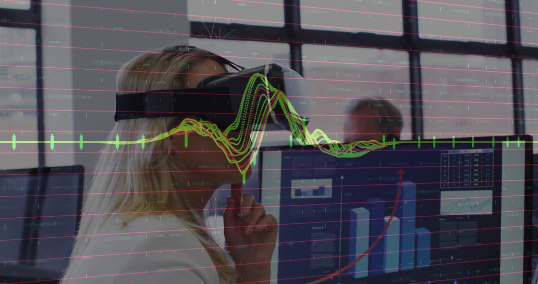 Businesswoman Using VR for Data Analysis in Modern Office
