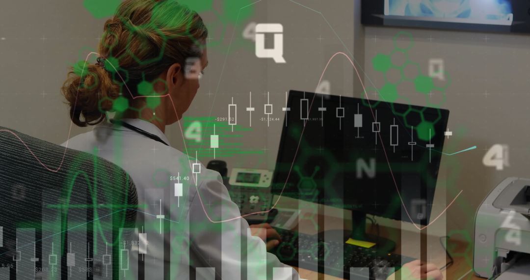 Businesswoman Analyzing Financial Data on Computer in Office Setting