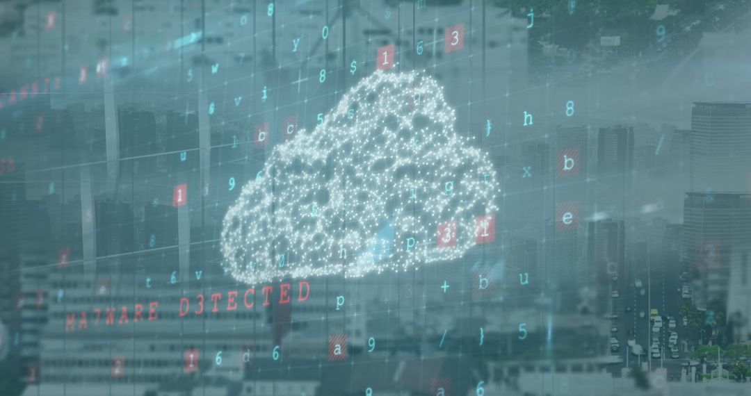 Digital Cloud with Data Overlay on Cityscape Background