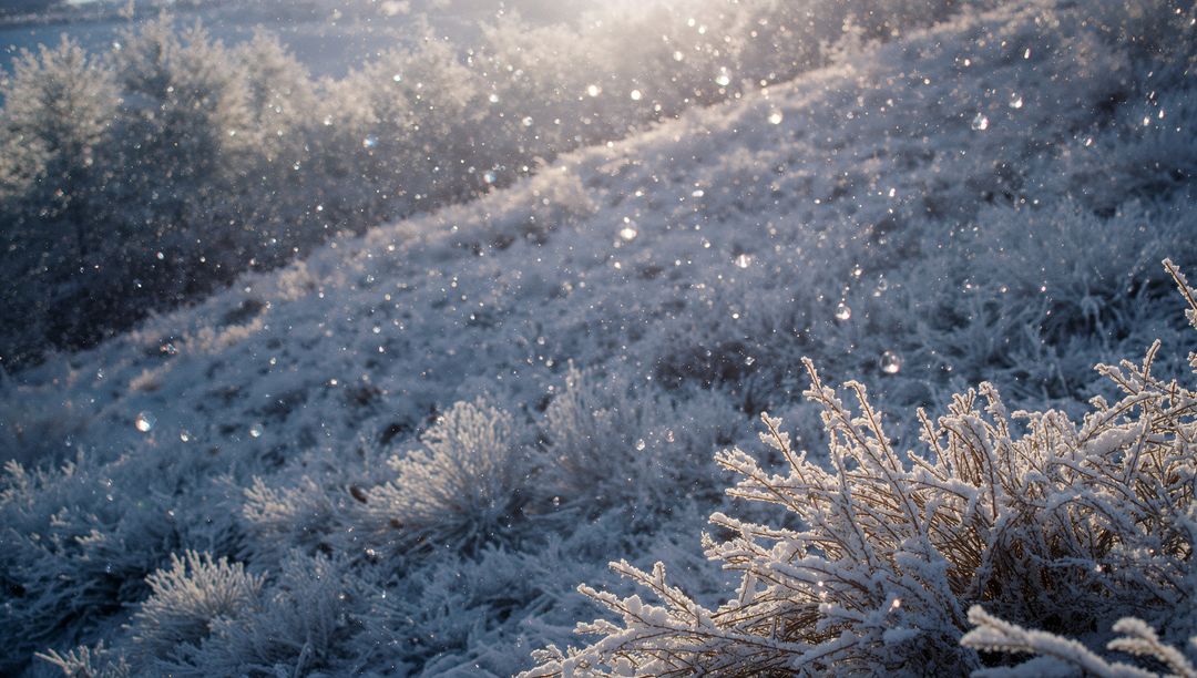 Backlit frosted shrubs sparkling with falling hoarfrost on sunlit winter hillside dawn glow
