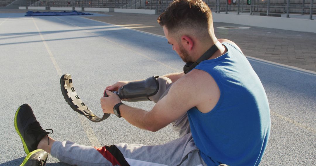 Athlete Adjusting Prosthetic Leg on Track - Free Images, Stock Photos and Pictures on Pikwizard.com