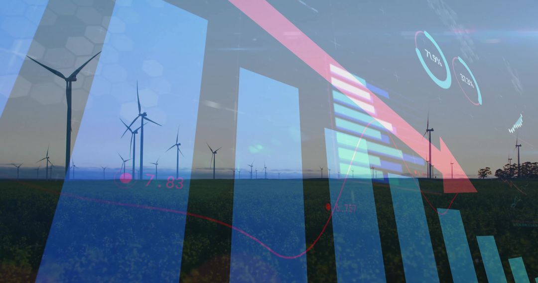 Wind Turbines with Digital Analytics on Field at Sunset