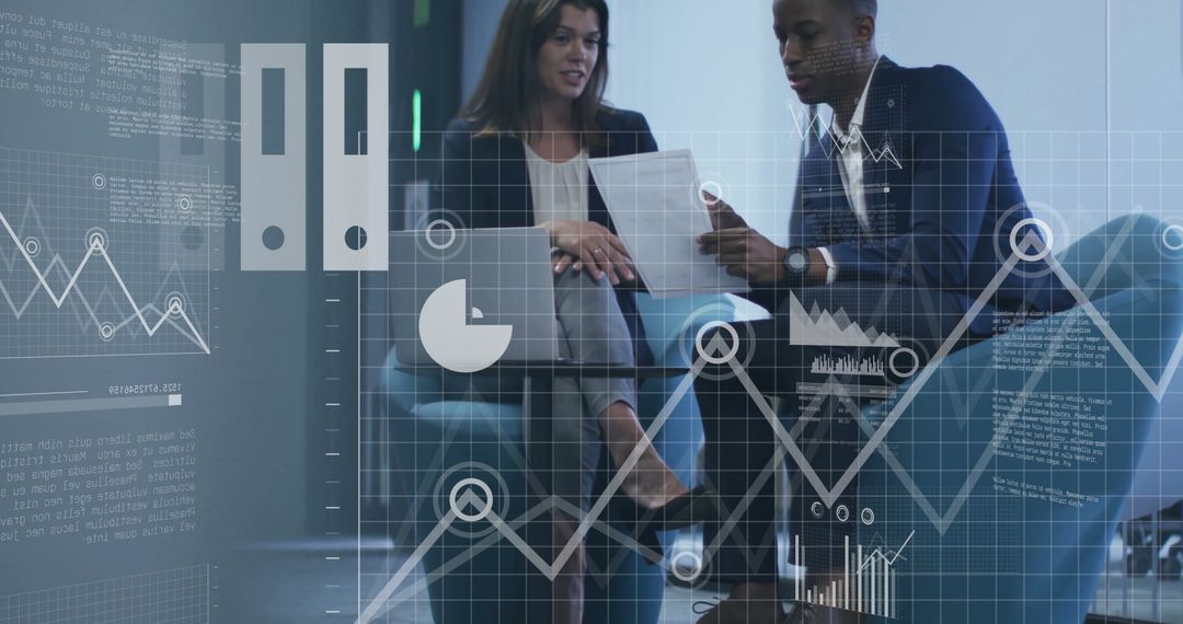 Colleagues Collaborating with Digital Financial Data Visualization