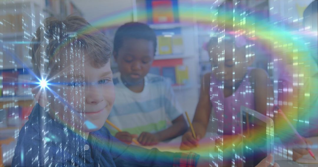 Diverse Schoolchildren Learning with Futuristic Technology Overlay