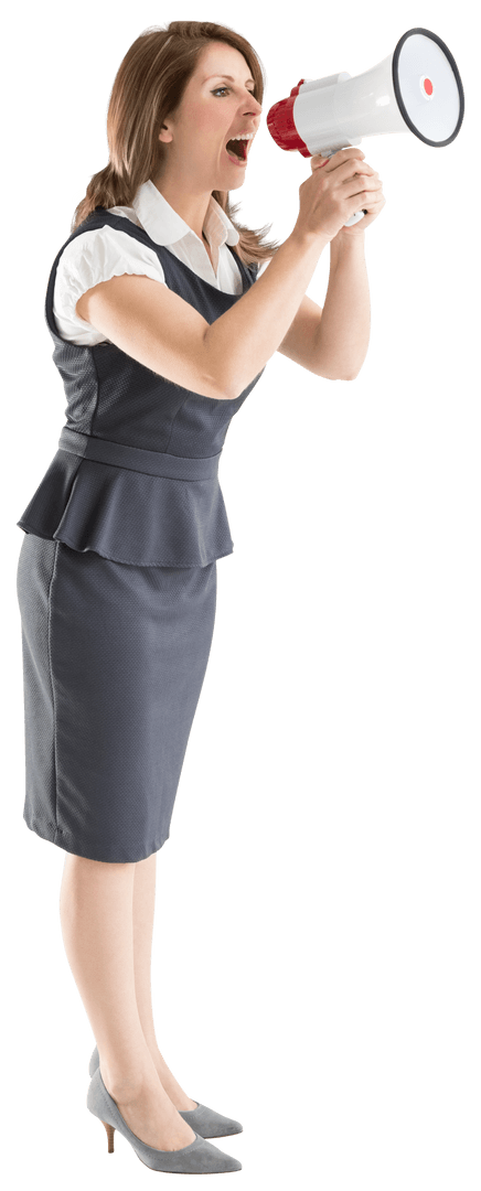 Businesswoman Shouting Into Megaphone on Transparent Background