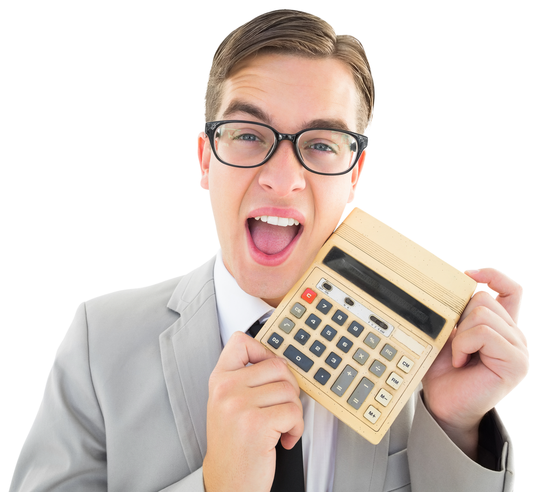 Funny Businessman Joyfully Holding Large Calculator on Transparent Background - Download Free Stock Images Pikwizard.com