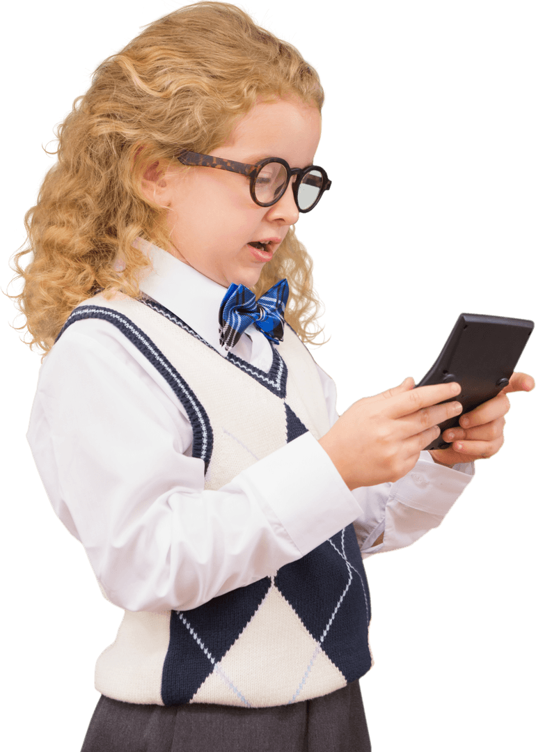 Curious Child with Tablet on Transparent Background