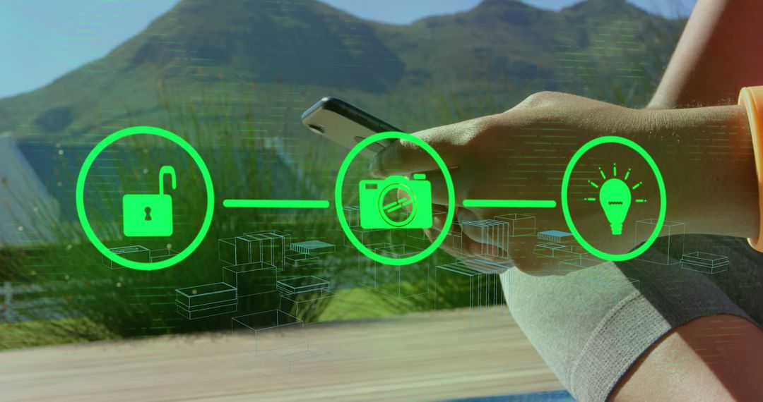 Hands Holding Smartphone with Virtual Tech Icons Display