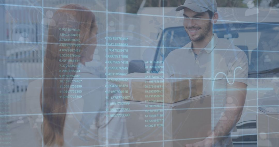 Delivery Person Handing Parcel to Customer in Digital Business World