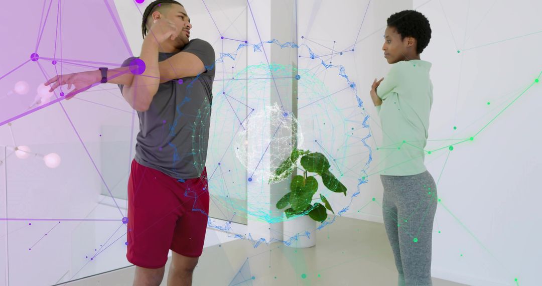 Partner Stretching Routine Featuring Augmented Reality Fitness Overlays in Minimal Studio