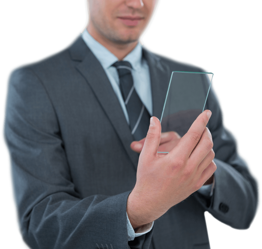 Businessman Using Transparent Futuristic Smartphone Concept Technology
