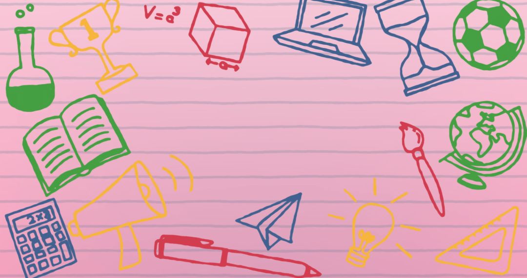 Educational Icons on Pink Ruled Background with Copy Space