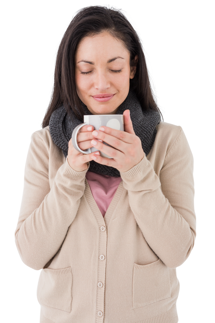 Smiling woman enjoying hot beverage cozy sweater, transparent background - Download Free Stock Images Pikwizard.com