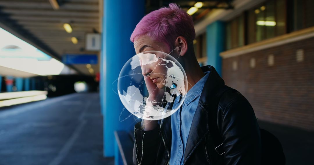 Tech Saavy Pink-Haired Woman at Train Station with Digital Globe Overlay