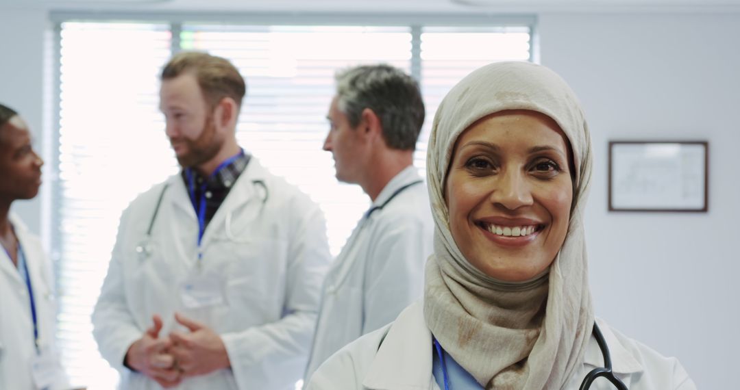 Smiling Hijab-Wearing Doctor Standing Confidently in Clinic with Colleagues - Free Images, Stock Photos and Pictures on Pikwizard.com