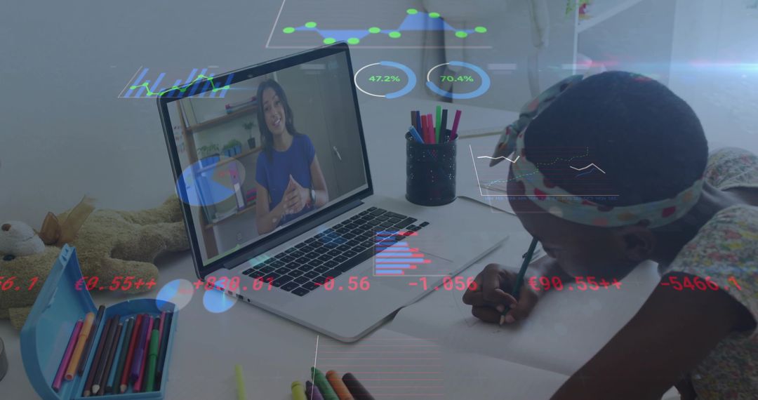 Child Writing at Home Desk with Laptop for Online Learning Inspiration
