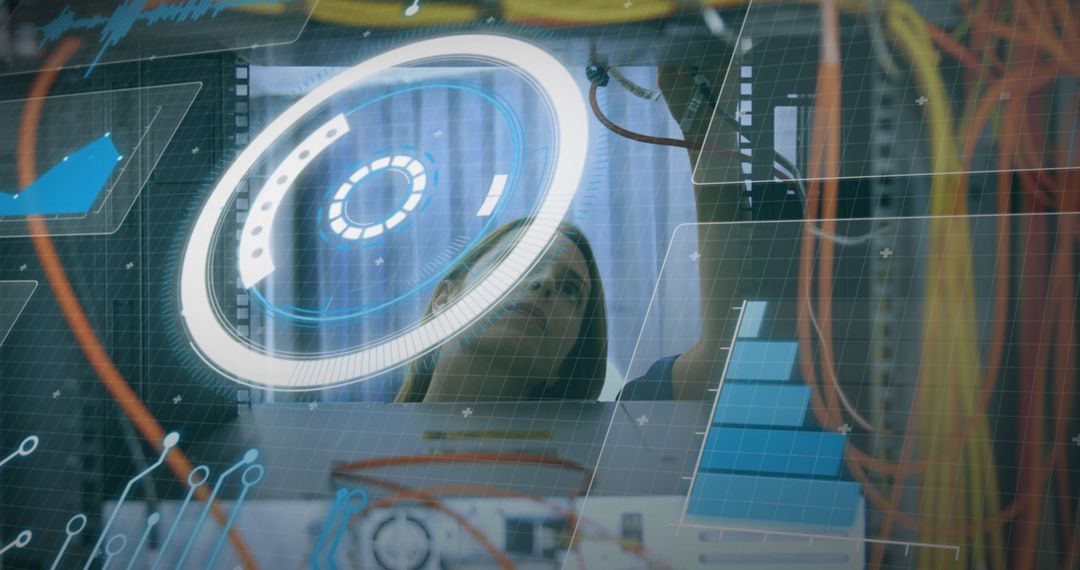 Female IT Engineer Fixing Server Cables with Digital Interfaces