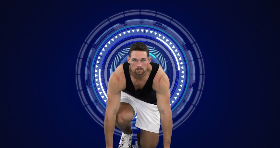 Male Athlete in Starting Blocks with Futuristic Data Interface