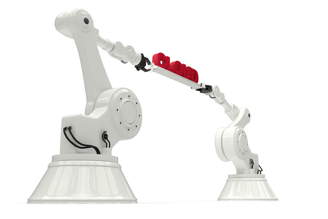 Futuristic Robotic Arms Holding Cloud Text on Transparent Background