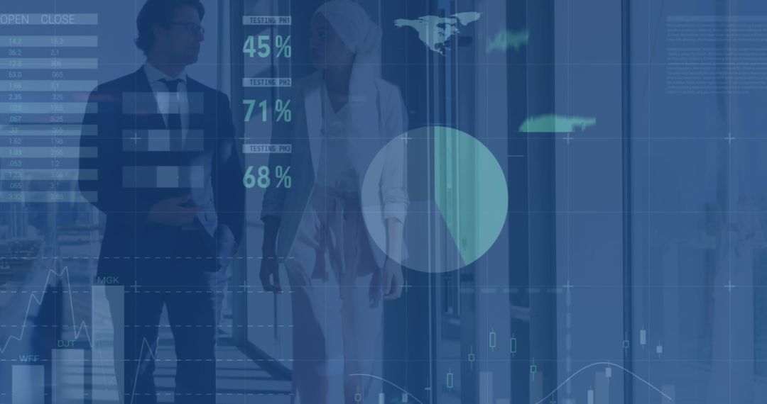 Colleagues Discuss Office Strategy with Digital Infographic Overlay