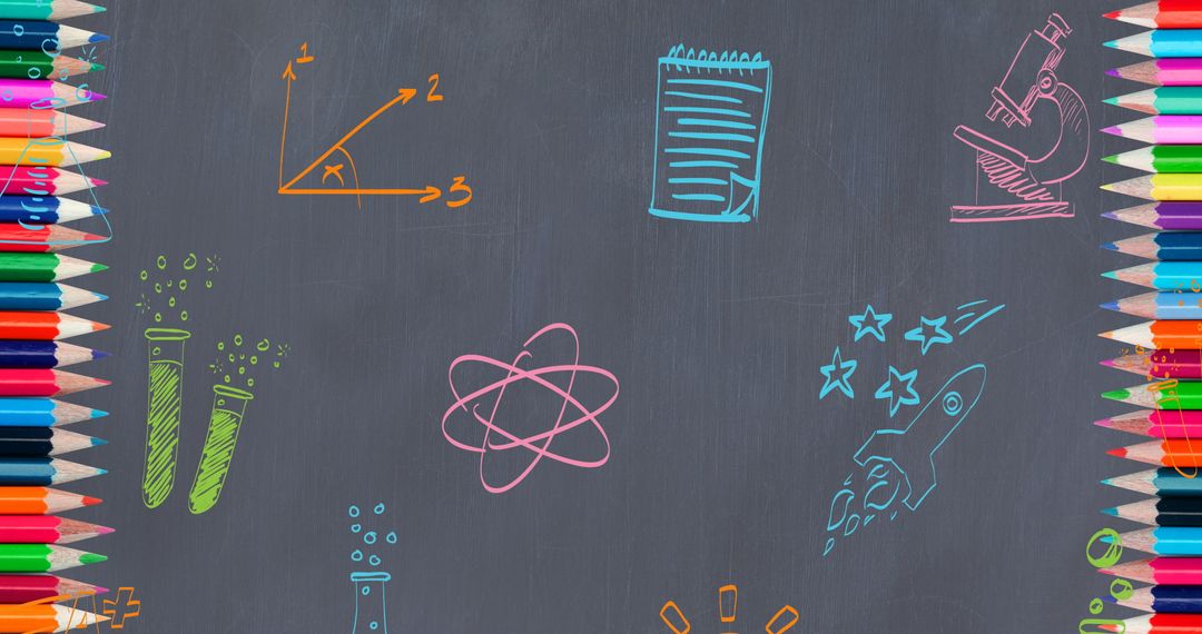 Colorful Science Doodles on Chalkboard with Pencils Border