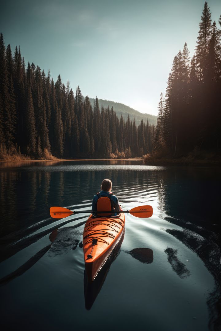 Solo Kayaker Paddling in Scenic Mountain Lake at Sunset - Free Images, Stock Photos and Pictures on Pikwizard.com