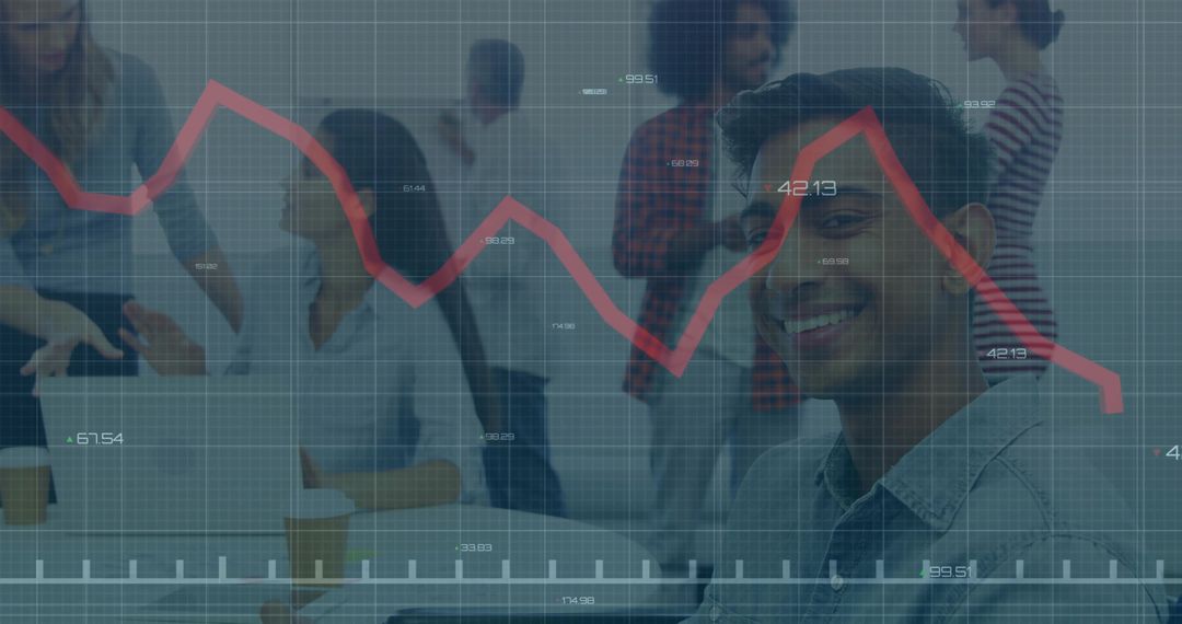 Smiling Professional with Declining Graph in Modern Office
