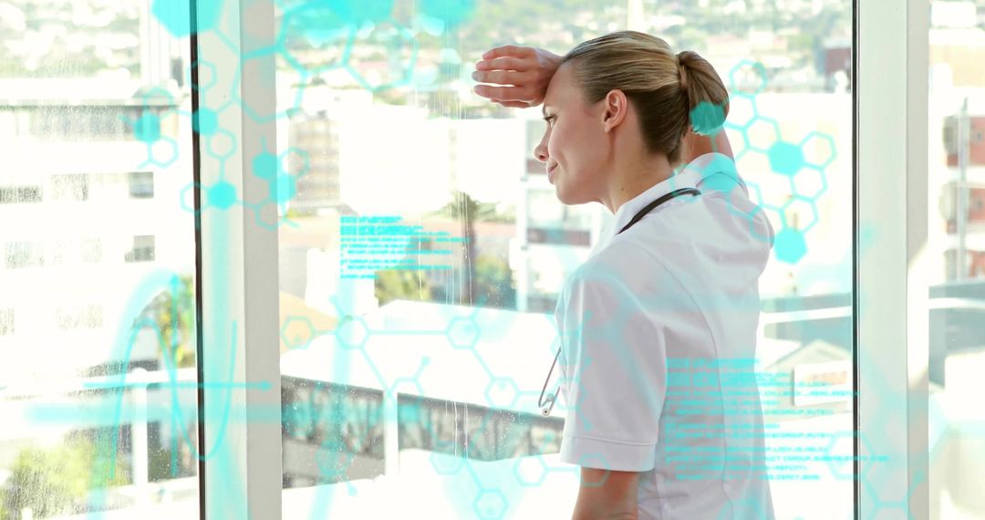Female Clinician Looking Out Window Shielding Eyes with Stethoscope and Tech Overlay Urban