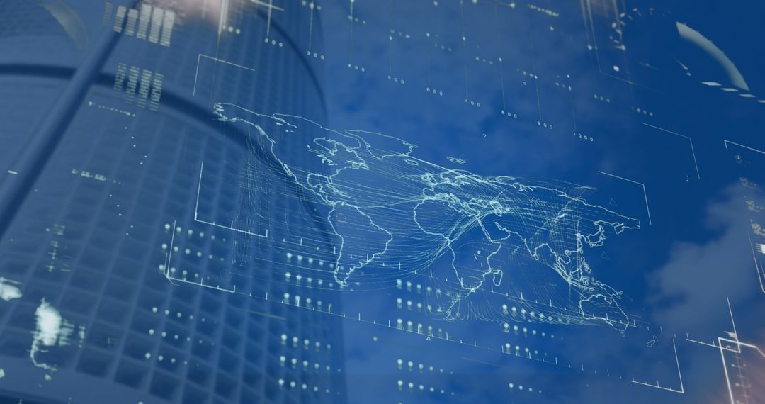 Digital World Map Overlay on Urban Skyscraper
