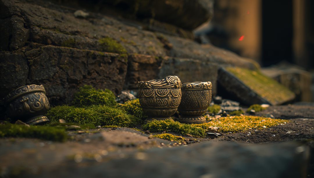 Ornate Brass Chalices Resting on Mossy Ancient Stone Ruins with Soft Bokeh