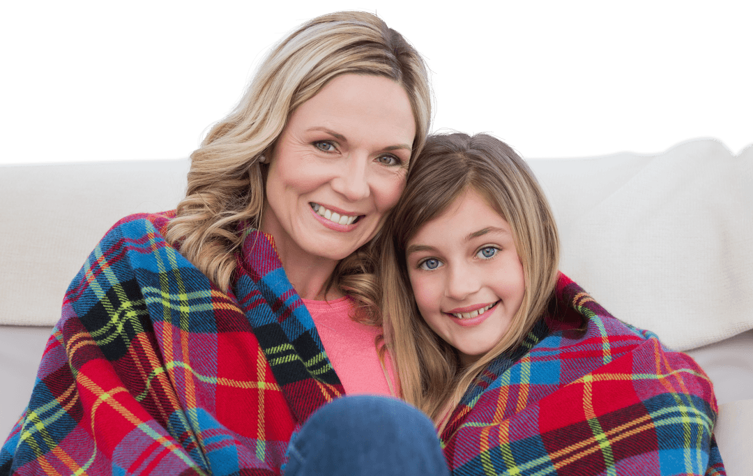 Transparent Portrait of Smiling Mother and Daughter in Blanket