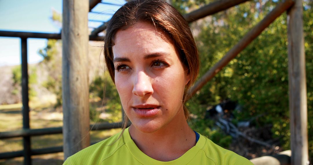 Close-up of Thoughtful Woman in Outdoor Fitness Area - Free Images, Stock Photos and Pictures on Pikwizard.com