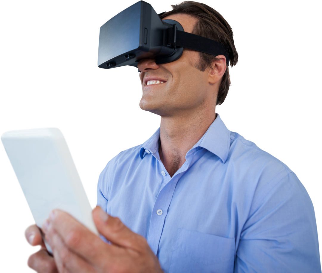 Businessman Using VR Glasses with Tablet on Smooth Background - Download Free Stock Images Pikwizard.com