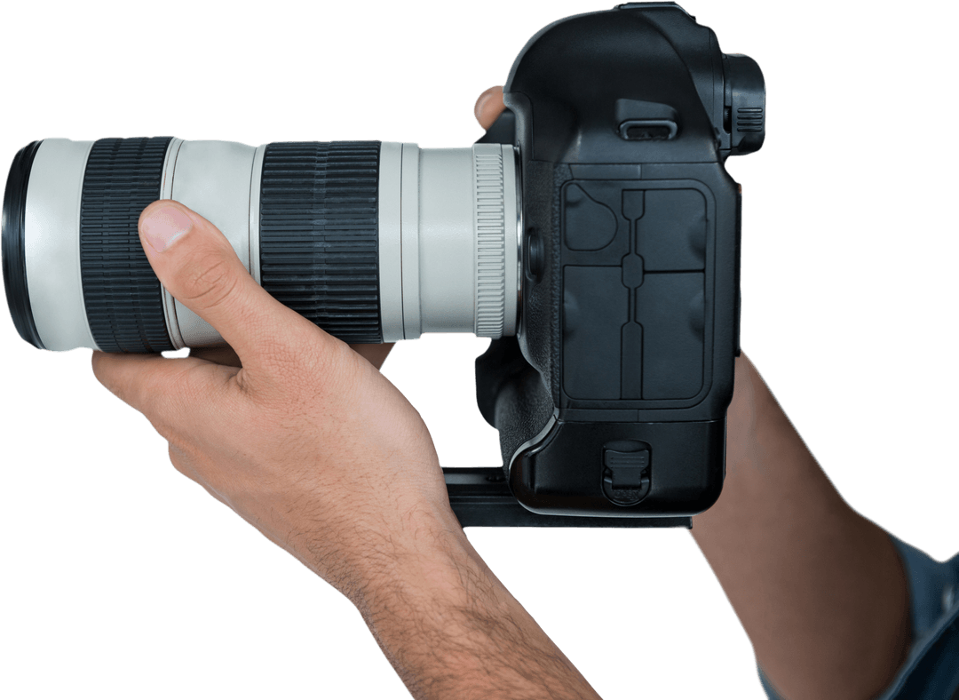 Photographer Holding Professional Camera in Transparent Background