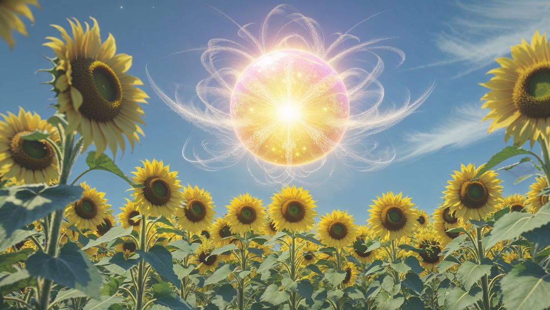 Mystical god energy orb hovering over vibrant sunflower field