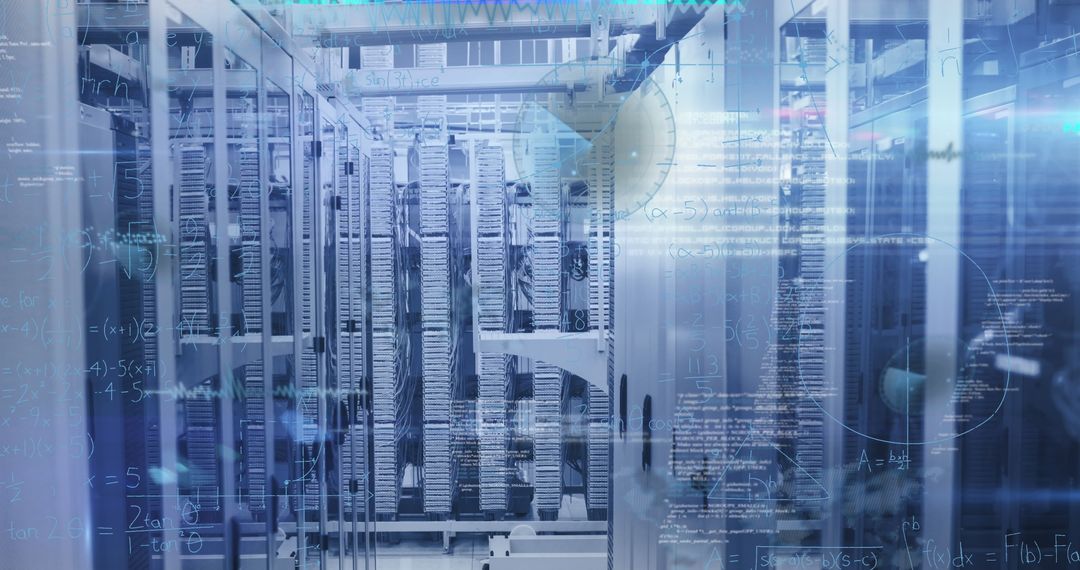 Data Storage with Mathematical Equations Overlaid in Server Room