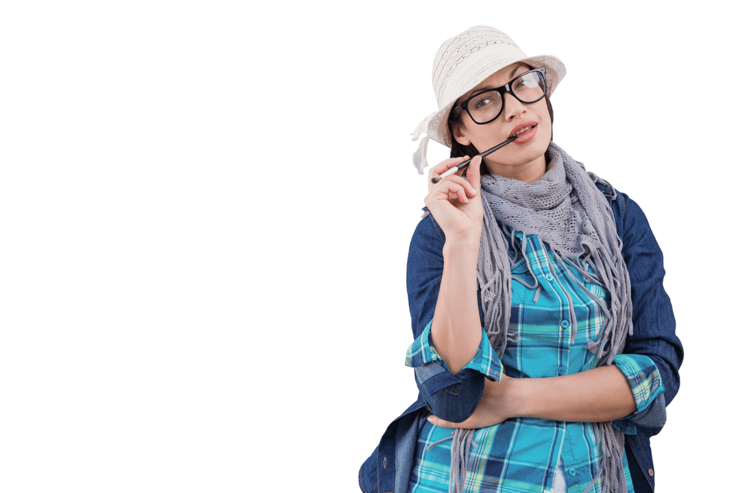 Creative Caucasian Woman Thinking on Transparent Background