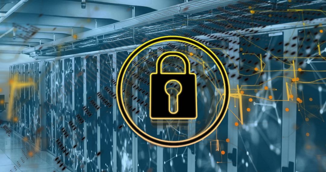 Digitally Secure Server Room with Lock Icon Overlay