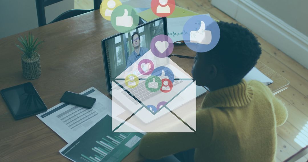 Woman Attending Video Call with Social Media Interface Overlay