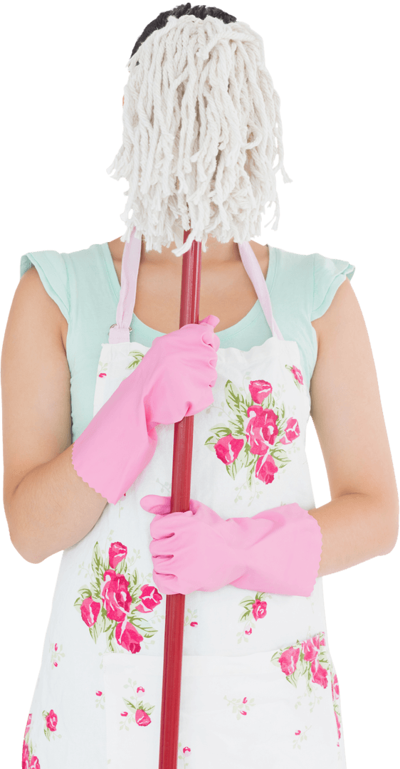 Funny Portrait of Woman Playfully Hiding Face with Mop on Transparent Background