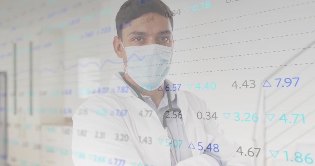 Asian Male Doctor Analyzing Data with Graph Overlay in Medical Corridor