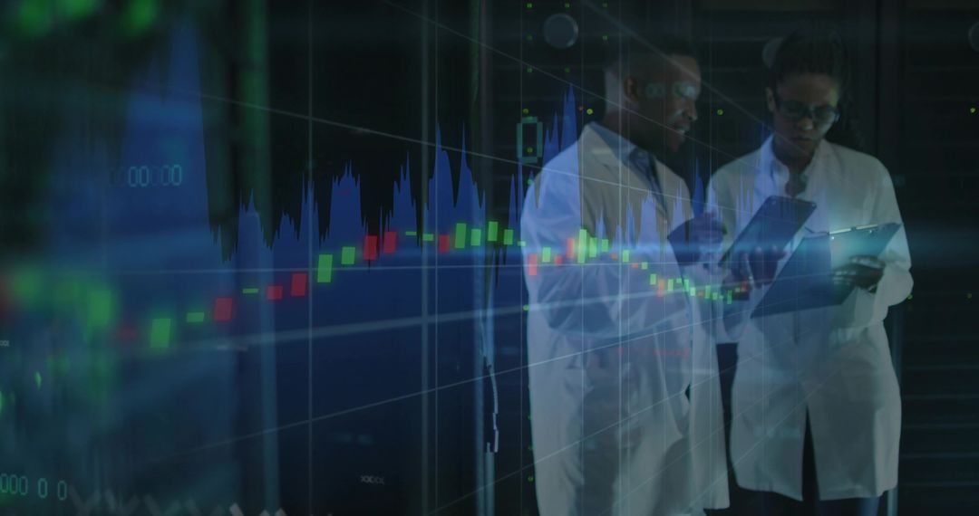 Science Team Analyzing Data with Digital Overlay in Laboratory