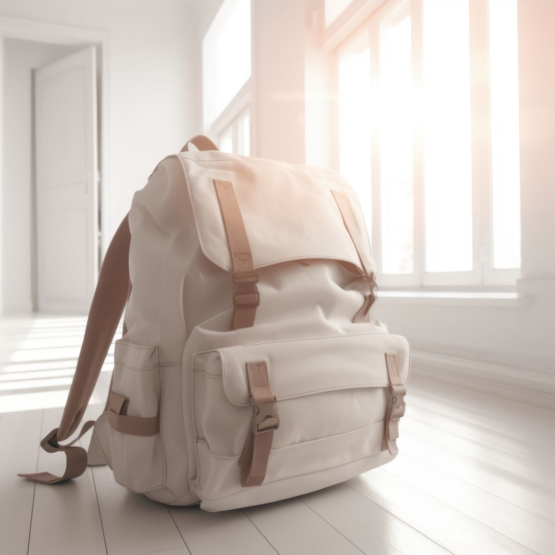 White Canvas Backpack with Sunlight in Minimalist Interior - Free Images, Stock Photos and Pictures on Pikwizard.com