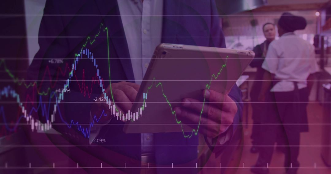 Businessman Holding Tablet at Cafe with Overlaid Financial Charts and Analytics Visualization
