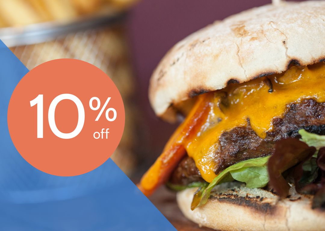 Juicy Cheeseburger with 10 Percent Discount Promotion - Download Free Stock Templates Pikwizard.com