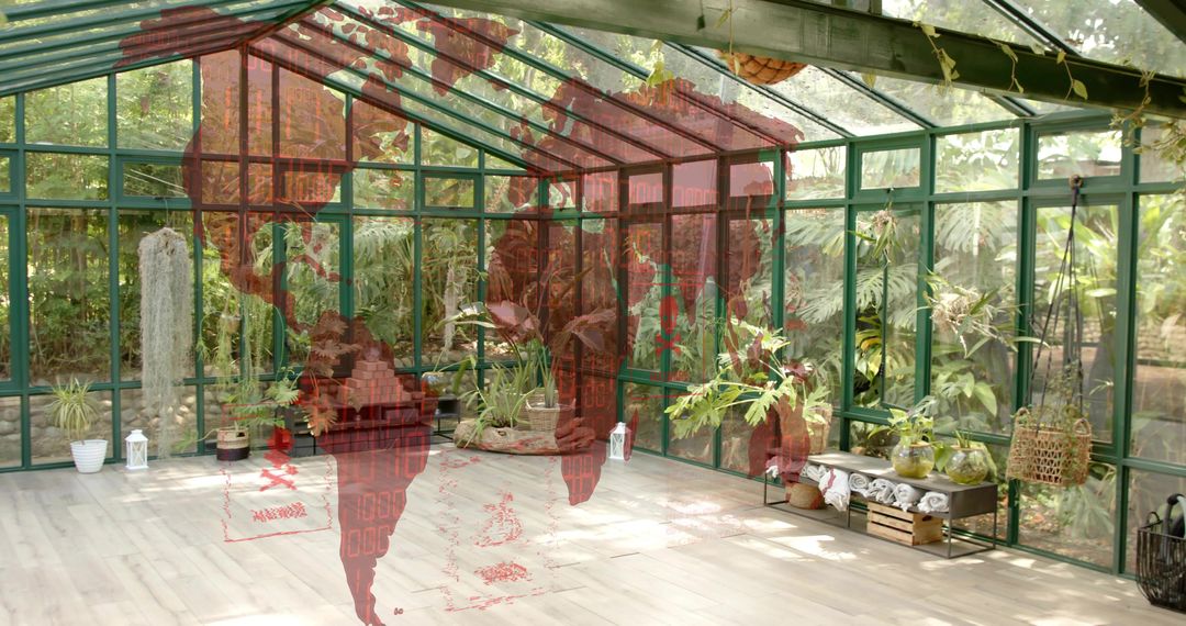 Glasshouse conservatory featuring lush potted plants with red world map overlay