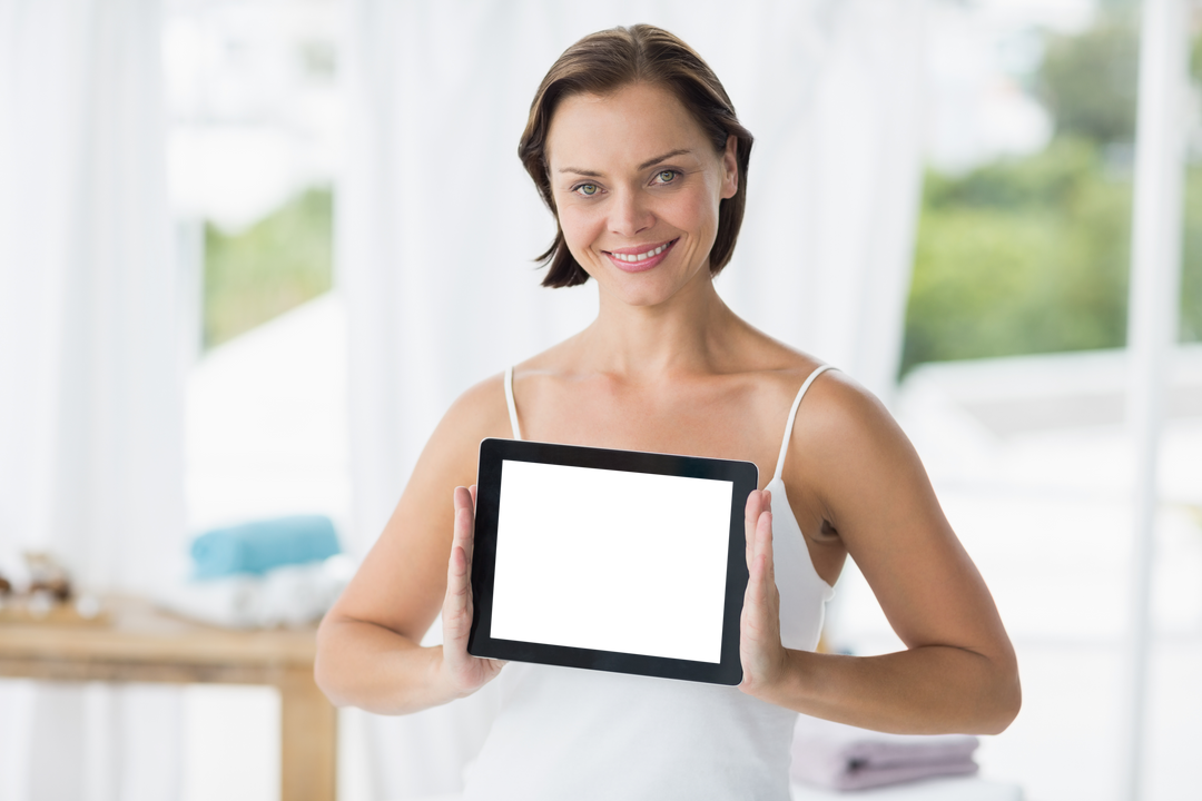 Smiling Woman Holding Transparent Screen Digital Tablet - Download Free Stock Images Pikwizard.com